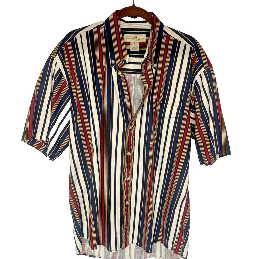 Vintage 90s Natural Issue Striped Shirt Men's M Red White Blue July 4 USA